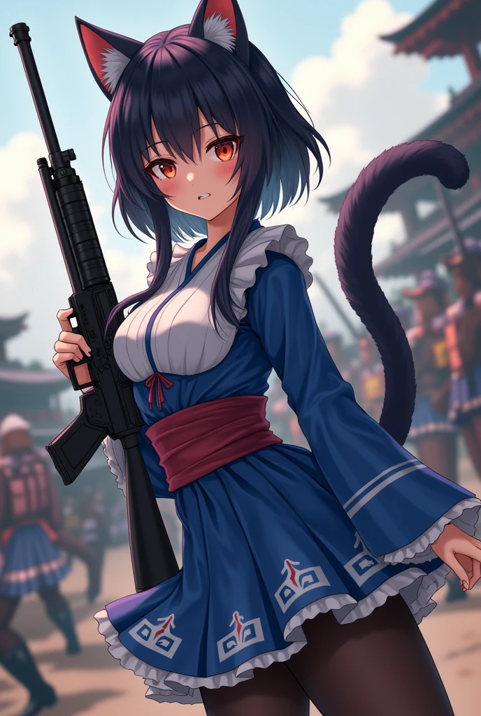 reallistic、Movie Still、Tiger girl、Kindergarten girl showing off her naked body ,,On the battlefield、girl firing a ray gun、(a closeup:1.1)、with light glowing、With smiling eyes、A delightful、Warm and soft lighting、Evening glow,blush