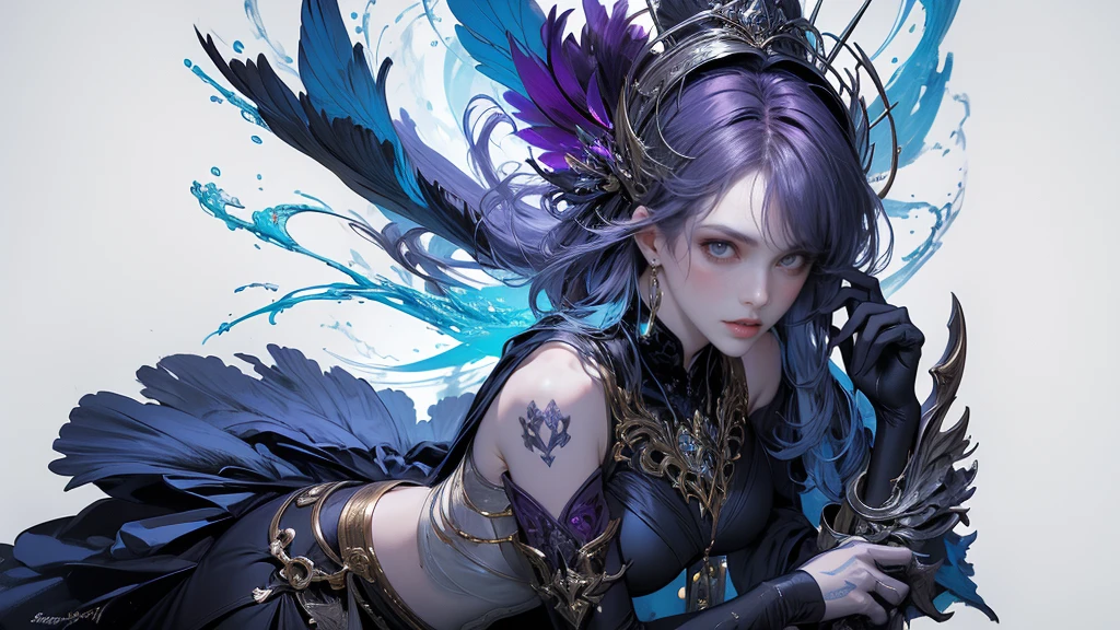 a beautiful woman with delicate features, wearing a dark blue and white shirt, sitting on a chair against a blue background. She has a pale face, black and purple wings, and is holding a sword in her left hand and a lance in her right hand. The woman has a crown on her head and is surrounded by a tangled floral design with glowing skin. The image is highly detailed, with a fractal art style and a dynamic pose. The color palette is vibrant, with a focus on blues, purples, and white. The overall composition is masterful, with a perfect proportion and anatomically correct details from head to foot. The image has a futuristic, cyberpunk, and ink punk aesthetic, with a paint tray and ink splatter elements. This is a high-quality, 8k, photo-realistic, masterpiece.