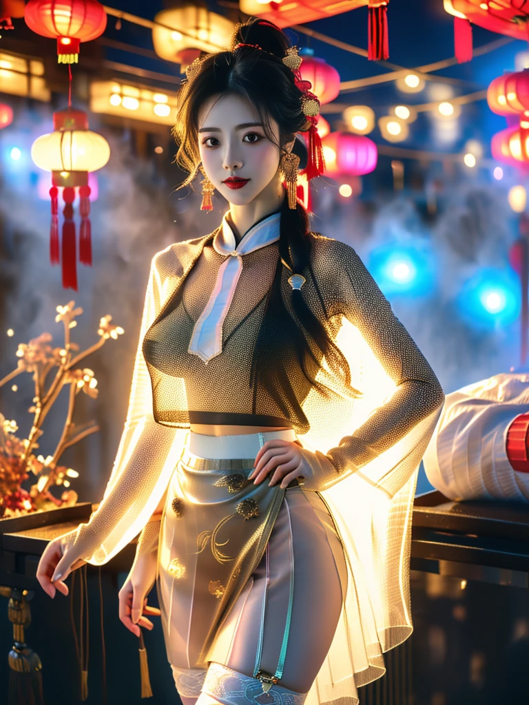 一个有着美丽脸庞的Sexy中国华裔女孩, Wearing revealing, transparent clothing, ((Light theme, Expose the subject))
(((Heavy rain, Future City Hot Springs, Spring Festival Decorations))),
((8K Ultra HD, 8K, Ultra-high resolution, Best quality, Super Fine, Clear focus. Masterpieces, complete pattern, Ultra HD, Detailed photos, Best image quality，Ultra-clear，Delicate facial features，Well-defined, Highly rated works, Close-up depth of field photography, Above the knee)), 
((Creating the image of a real girl), Realistic shadows, Soft lighting, Dynamic Angle, Dynamic poses, Elegant Posture, Cowboy lens, Full body front view, Be confident, Facing the camera, Eyes looking towards camera lens, Standing posture, Open your legs slightly, Golden Ratio Graphics, Minimalism, Center the character), 
( Smile, Sexy的, Balanced Eyes, Realistic eyes, Beautiful details of the eyes,Pretty Face, (Realistic face), Normal facial features, Realistic skin, Pay attention to skin details, Skin is clean and radiant, Whitening, Anatomically correct body, Golden ratio figure, Sexy的身材), 
(Perfect makeup, Gloves, earrings, bracelet, necklace, Jewelry, Hair accessories, shawl, sock, Knee socks, 吊garter, Leg ring, garter, 腿部garter), 
((beautiful hair), Dark black hair, Wavy curly hairstyle, Waist-length hair, Messy Hairstyle, Gradient hairstyles, Cyberpunk Hairstyle, High double ponytail hairstyle), 
((Transparent clothes: 1.5), (Revealing clothes: 1.5),  (Wet clothes:1.0), (Color of clothes: Dreamy pink), Wearing transparent clothing, (((Strap panties under mesh skirt))), (((mesh T-shirt)))), 
(Sexy的, Perfect breast shape, Teardrop chest shape, Snow-white breasts, Very detailed breasts, 36B cups), 
(Super high waist, Deep V, Low-cut, Sexy, Flattering, Open crotch, (Camel toe, High fork strangulation))