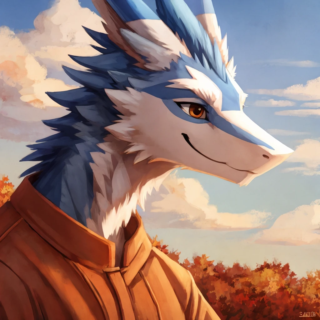 An anthropomorphic and tall greyish blue colored dergal, simple background, autumn clothes, short hair, closed smile, simple clouds and blue sky background, high quality furry art.