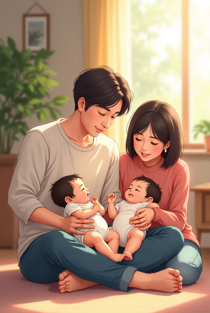 Two men and women、Holding a baby、A room in an apartment
