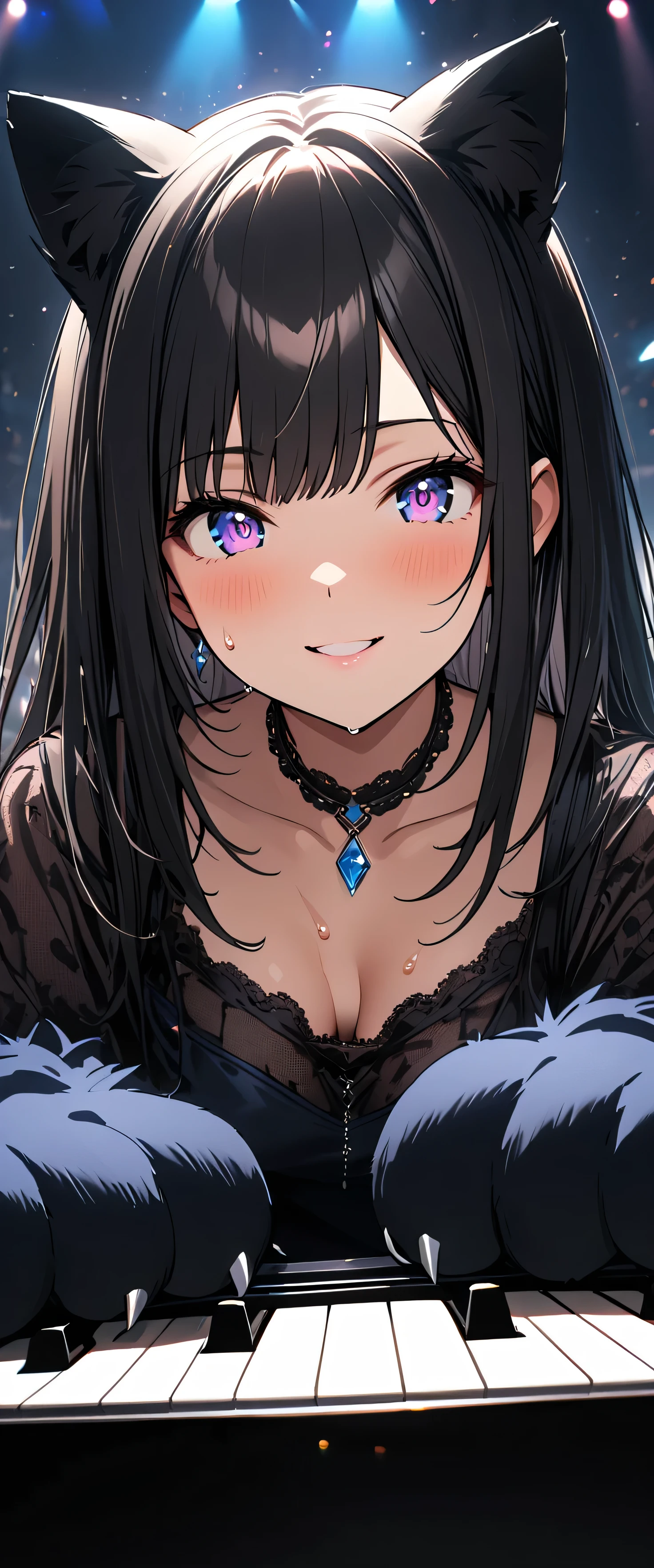 (beautiful girl: 1.3),1girl,masterpiece, Highest quality, Ultra-high resolution,rich contrast,super high quality,8k,Highly detailed CG unit wallpaper,texture,Incredibly absurd,Ultra-high resolution,RAW Photos,Depth of Field 1.2,(Black Hair,Straight Hair),Ultra-detailed eyes,Glowing Skin,wet,(((sweat))),Glitter effect,Beautiful glossy lips,Live Performance Venues,Super large stage,A light smile,(((She is playing the piano happily))),BLA4CKC4T,cat ears,animal ears,animal hands,tail