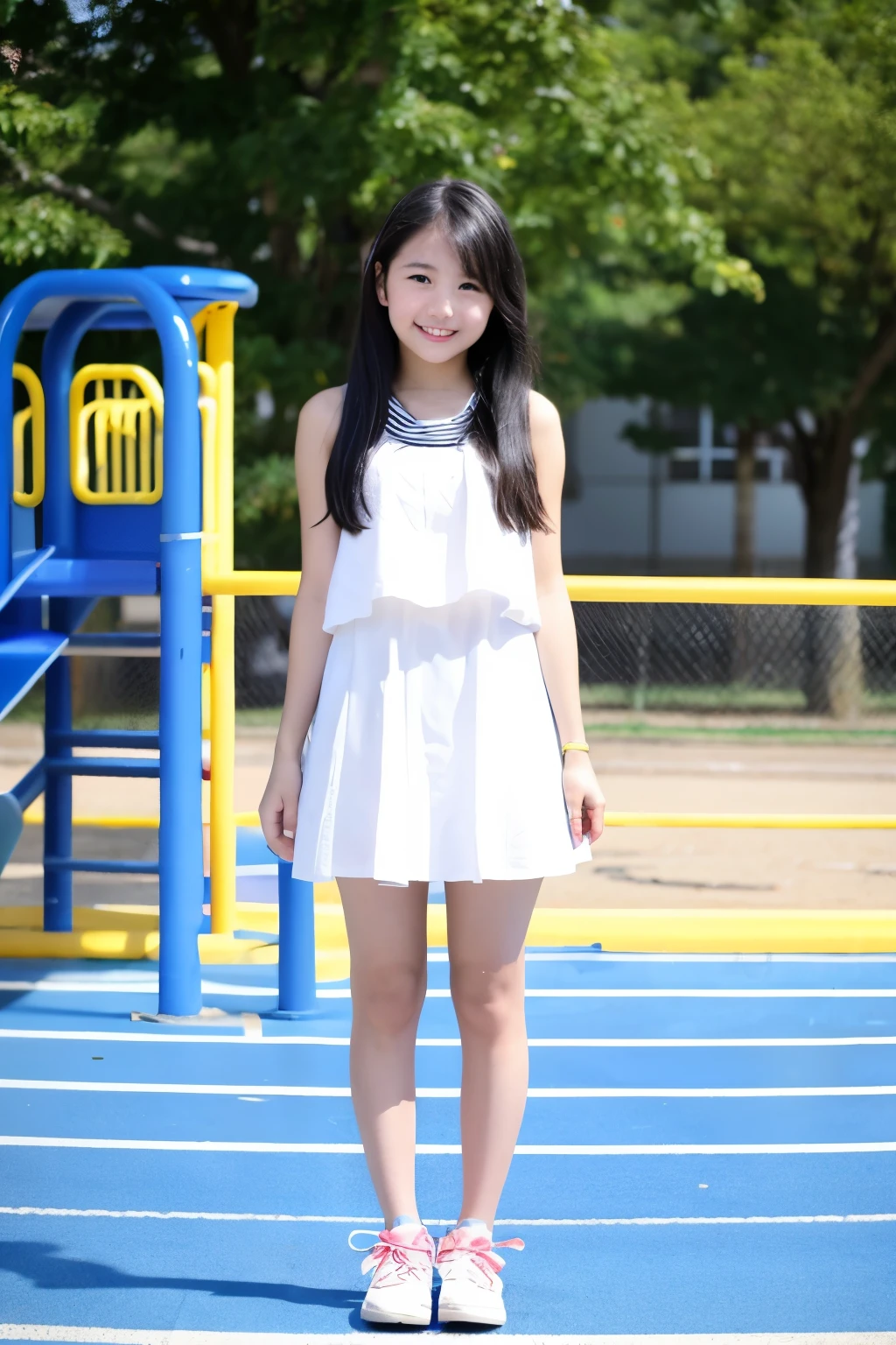 nsfw,masterpiece, extra limbs, 1girl,8years old, black straight hair, tareme brown eyes, (((delighted))), (white sundress strap slip),spread arms,squatting, playground equipment,pov