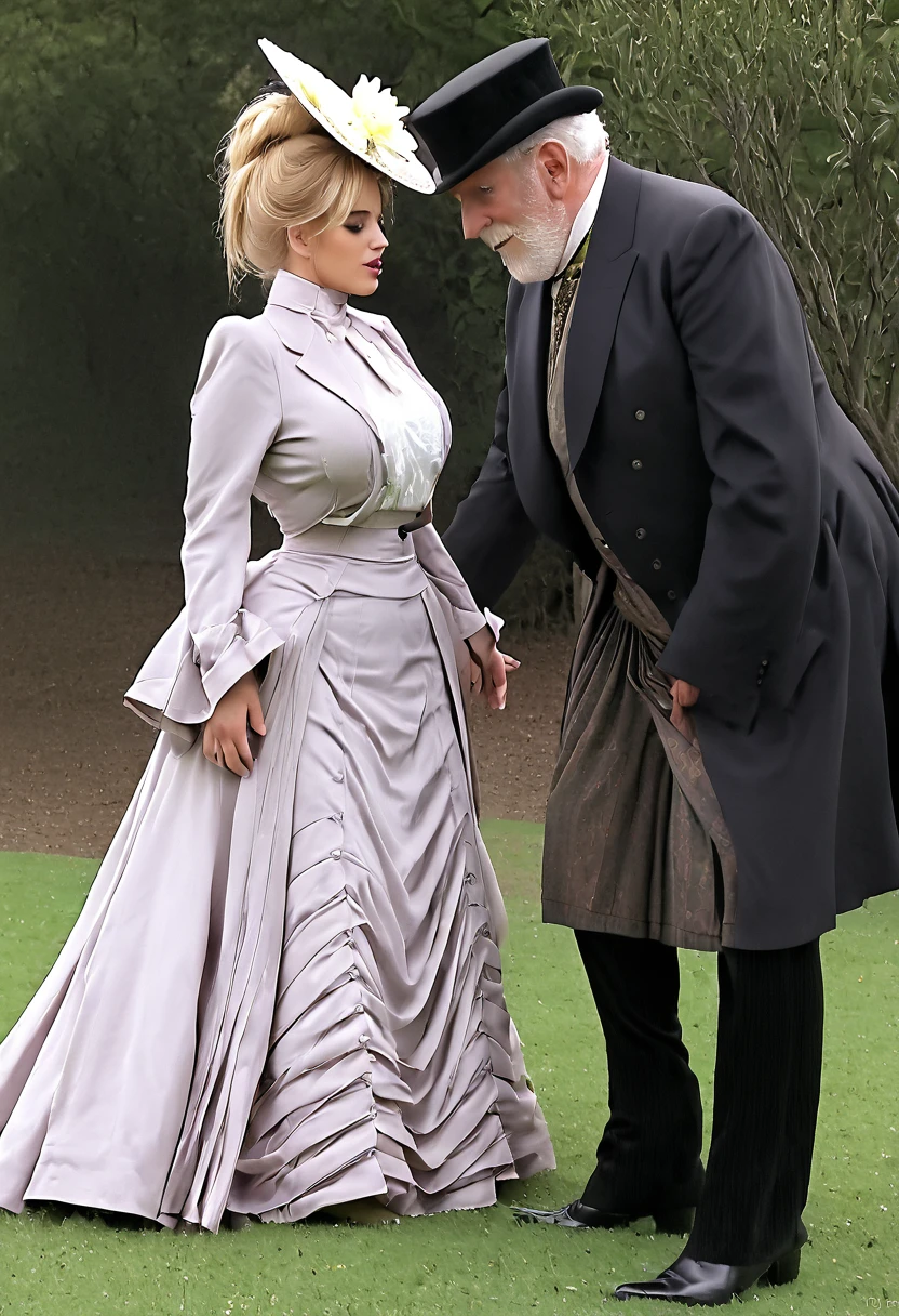 A gorgeous well-endowed **** blonde Gibson Girl bimbo (((fondled by a large horny 69yo gentleman:1.5))) in a park. Year 1902. (((1900_dr3ss:1.5))). Short girl with an hourglass figure wearing an elegant Edwardian outfit consisting of a high-collar long sleeve shirtwaist, long skirt, boots and a wide-brimmed hat topped with flowers, large tits, wasp waist, massive ass. Man wearing a three-piece suit. (((Young girl and old man. Man taller than girl))). 1girl. Voyeur shot