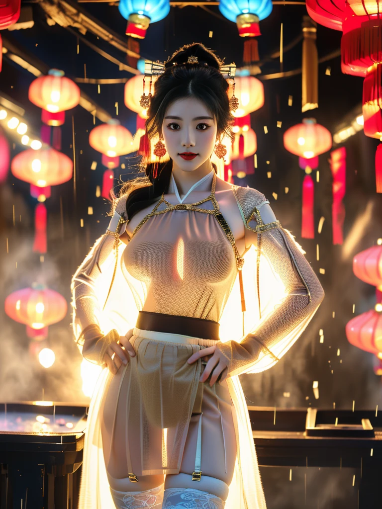 一个有着美丽脸庞的Sexy中国华裔女孩, Wearing revealing, transparent clothing, ((Light theme, Expose the subject))
(((Heavy rain, Future City Hot Springs, Spring Festival Decorations))),
((8K Ultra HD, 8K, Ultra-high resolution, Best quality, Super Fine, Clear focus. Masterpieces, complete pattern, Ultra HD, Detailed photos, Best image quality，Ultra-clear，Delicate facial features，Well-defined, Highly rated works, Close-up depth of field photography, Above the knee)), 
((Creating the image of a real girl), Realistic shadows, Soft lighting, Dynamic Angle, Dynamic poses, Elegant Posture, Cowboy lens, Full body front view, Be confident, Facing the camera, Eyes looking towards camera lens, Standing posture, Open your legs slightly, Golden Ratio Graphics, Minimalism, Center the character), 
( Smile, Sexy的, Balanced Eyes, Realistic eyes, Beautiful details of the eyes,Pretty Face, (Realistic face), Normal facial features, Realistic skin, Pay attention to skin details, Skin is clean and radiant, Whitening, Anatomically correct body, Golden ratio figure, Sexy的身材), 
(Perfect makeup, Gloves, earrings, bracelet, necklace, Jewelry, Hair accessories, shawl, sock, Knee socks, 吊garter, Leg ring, garter, 腿部garter), 
((beautiful hair), Dark black hair, Wavy curly hairstyle, Waist-length hair, Messy Hairstyle, Gradient hairstyles, Cyberpunk Hairstyle, High double ponytail hairstyle), 
((Transparent clothes: 1.5), (Revealing clothes: 1.5),  (Wet clothes:1.0), (Color of clothes: Dreamy pink), Wearing transparent clothing, (((Shoulder strap panties under large mesh skirt))), (((Large mesh T-shirt)))), 
(Sexy的, Perfect breast shape, Teardrop chest shape, Snow-white breasts, Very detailed breasts, 36B cups), 
(Super high waist, Deep V, Low-cut, Sexy, Flattering, Open crotch, (Camel toe, High fork strangulation))