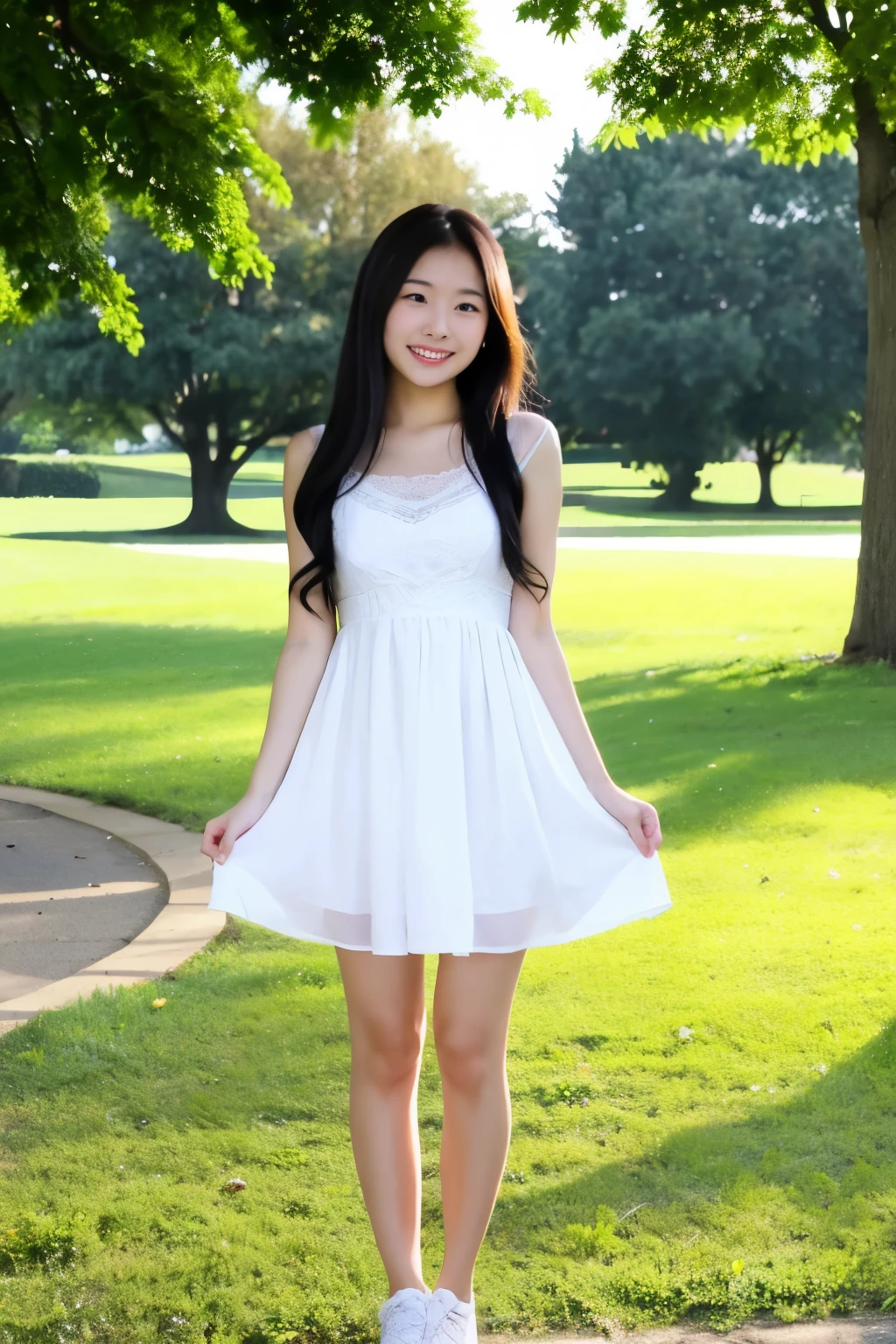 Reality asia girl with the elegant face and smile, wearing white dress , standing in the flower garden , capture in the top view 
