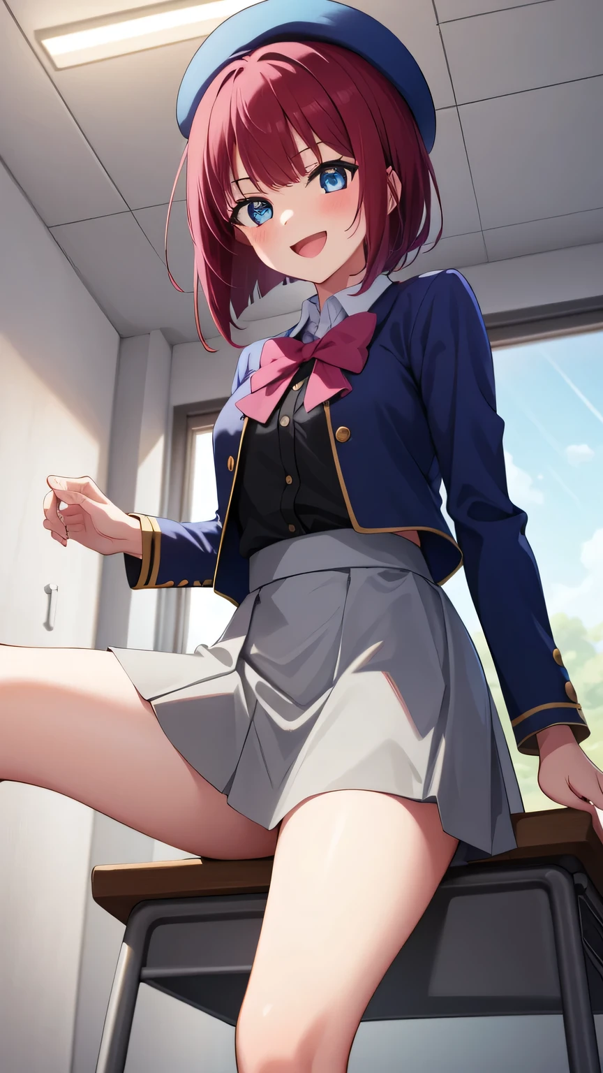 kanaarima, kana arima, bob cut, (red eyes:1.5), red hair, short hair,
BREAK beret, blue headwear, blue jacket, blue vest, hat, jacket, pantyhose, ribbon, school uniform, skirt, vest, youtou high school uniform,
BREAK looking at viewer,
BREAK indoors, classroom,
BREAK (masterpiece:1.2), best quality, high resolution, unity 8k wallpaper, (illustration:0.8), (beautiful detailed eyes:1.6), extremely detailed face, perfect lighting, extremely detailed CG, (perfect hands, perfect anatomy),(stripe panties:1.5), sitting on desk, spread legs, open legs, knee up, leaning back, small breasts, (short, tiny, little:1.5), blush, embarrassed,from below, cowboy shot, dutch angle