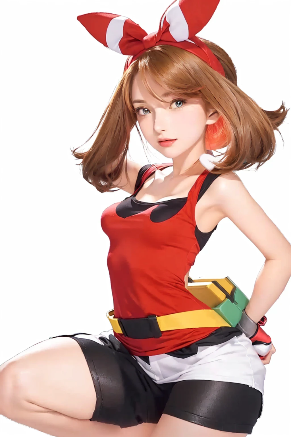 1girl, character_pokemon_may, bike shorts, red shirt, red bandana, realistic, hyperrealistic, masterpiece, highest quality, highly detailed, detailed face and eyes, official art, 8k