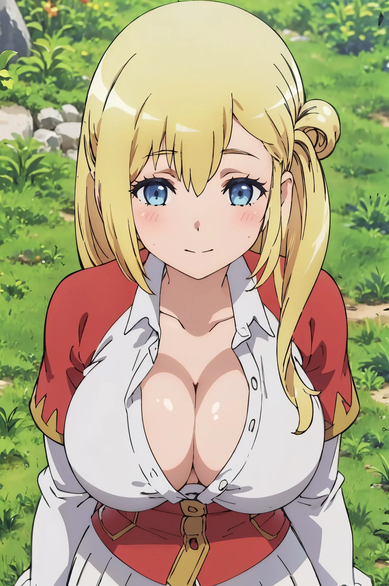 (((short body))), 1girl, masterpiece, ((uniform)), ((cleavage)) (best quality), (solo), 1girl, slim waist,, ((big eyes)), (((young girl))), blonde hair, long hair, hairbun,  (short skirt), blue eyes, vibrant colors , natural lighting, RTX, (huge tits), (detailed face:1.2), (perfect eyes:1.1) ,(photorealistic:1.1), 8k uhd, looking a viewer, outdoors, simple backround, smile, (upper body), standing pose, 