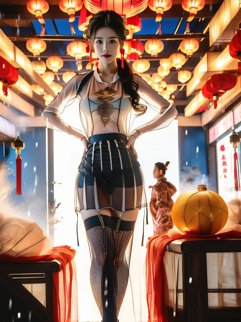 一个有着美丽脸庞的Sexy中国华裔女孩, Wearing revealing, transparent clothing, ((Light theme, Expose the subject))
(((Heavy rain, Future City Hot Springs, Spring Festival Decorations))),
((8K Ultra HD, 8K, Ultra-high resolution, Best quality, Super Fine, Clear focus. Masterpieces, complete pattern, Ultra HD, Detailed photos, Best image quality，Ultra-clear，Delicate facial features，Well-defined, Highly rated works, Close-up depth of field photography, Above the knee)), 
((Creating the image of a real girl), Realistic shadows, Soft lighting, Dynamic Angle, Dynamic poses, Elegant Posture, Cowboy lens, Full body front view, Be confident, Facing the camera, Eyes looking towards camera lens, Standing posture, Open your legs slightly, Golden Ratio Graphics, Minimalism, Center the character), 
( Smile, Sexy的, Balanced Eyes, Realistic eyes, Beautiful details of the eyes,Pretty Face, (Realistic face), Normal facial features, Realistic skin, Pay attention to skin details, Skin is clean and radiant, Whitening, Anatomically correct body, Golden ratio figure, Sexy的身材), 
(Perfect makeup, Gloves, earrings, bracelet, necklace, Jewelry, Hair accessories, shawl, sock, Knee socks, 吊garter, Leg ring, garter, 腿部garter), 
((beautiful hair), Dark black hair, Wavy curly hairstyle, Waist-length hair, Messy Hairstyle, Gradient hairstyles, Cyberpunk Hairstyle, High double ponytail hairstyle), 
((Transparent clothes: 1.5), (Revealing clothes: 1.5),  (Wet clothes:1.0), (Color of clothes: Dreamy pink), Wearing transparent clothing, (((Transparent mesh T-shirt))), (((Transparent mesh T-shirt下的比基尼))), (((Transparent mesh skirt))), (((Transparent mesh skirt下的肩帶內褲)))), 
(Sexy的, Perfect breast shape, Teardrop chest shape, Snow-white breasts, Very detailed breasts, 36B cups), 
(Super high waist, Deep V, Low-cut, Sexy, Flattering, Open crotch, (Camel toe, High fork strangulation))