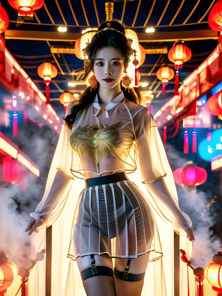 一个有着美丽脸庞的Sexy中国华裔女孩, Wearing revealing, transparent clothing, ((Light theme, Expose the subject))
(((Heavy rain, Future City Hot Springs, Spring Festival Decorations))),
((8K Ultra HD, 8K, Ultra-high resolution, Best quality, Super Fine, Clear focus. Masterpieces, complete pattern, Ultra HD, Detailed photos, Best image quality，Ultra-clear，Delicate facial features，Well-defined, Highly rated works, Close-up depth of field photography, Above the knee)), 
((Creating the image of a real girl), Realistic shadows, Soft lighting, Dynamic Angle, Dynamic poses, Elegant Posture, Cowboy lens, Full body front view, Be confident, Facing the camera, Eyes looking towards camera lens, Standing posture, Open your legs slightly, Golden Ratio Graphics, Minimalism, Center the character), 
( Smile, Sexy的, Balanced Eyes, Realistic eyes, Beautiful details of the eyes,Pretty Face, (Realistic face), Normal facial features, Realistic skin, Pay attention to skin details, Skin is clean and radiant, Whitening, Anatomically correct body, Golden ratio figure, Sexy的身材), 
(Perfect makeup, Gloves, earrings, bracelet, necklace, Jewelry, Hair accessories, shawl, sock, Knee socks, 吊garter, Leg ring, garter, 腿部garter), 
((beautiful hair), Dark black hair, Wavy curly hairstyle, Waist-length hair, Messy Hairstyle, Gradient hairstyles, Cyberpunk Hairstyle, High double ponytail hairstyle), 
((Transparent clothes: 1.5), (Revealing clothes: 1.5),  (Wet clothes:1.0), (Color of clothes: Dreamy pink), Wearing transparent clothing, (((Transparent mesh T-shirt))), (((Transparent mesh T-shirt下的比基尼))), (((Transparent mesh skirt))), (((Transparent mesh skirt下的肩帶內褲)))), 
(Sexy的, Perfect breast shape, Teardrop chest shape, Snow-white breasts, Very detailed breasts, 36B cups), 
(Super high waist, Deep V, Low-cut, Sexy, Flattering, Open crotch, (Camel toe, High fork strangulation))