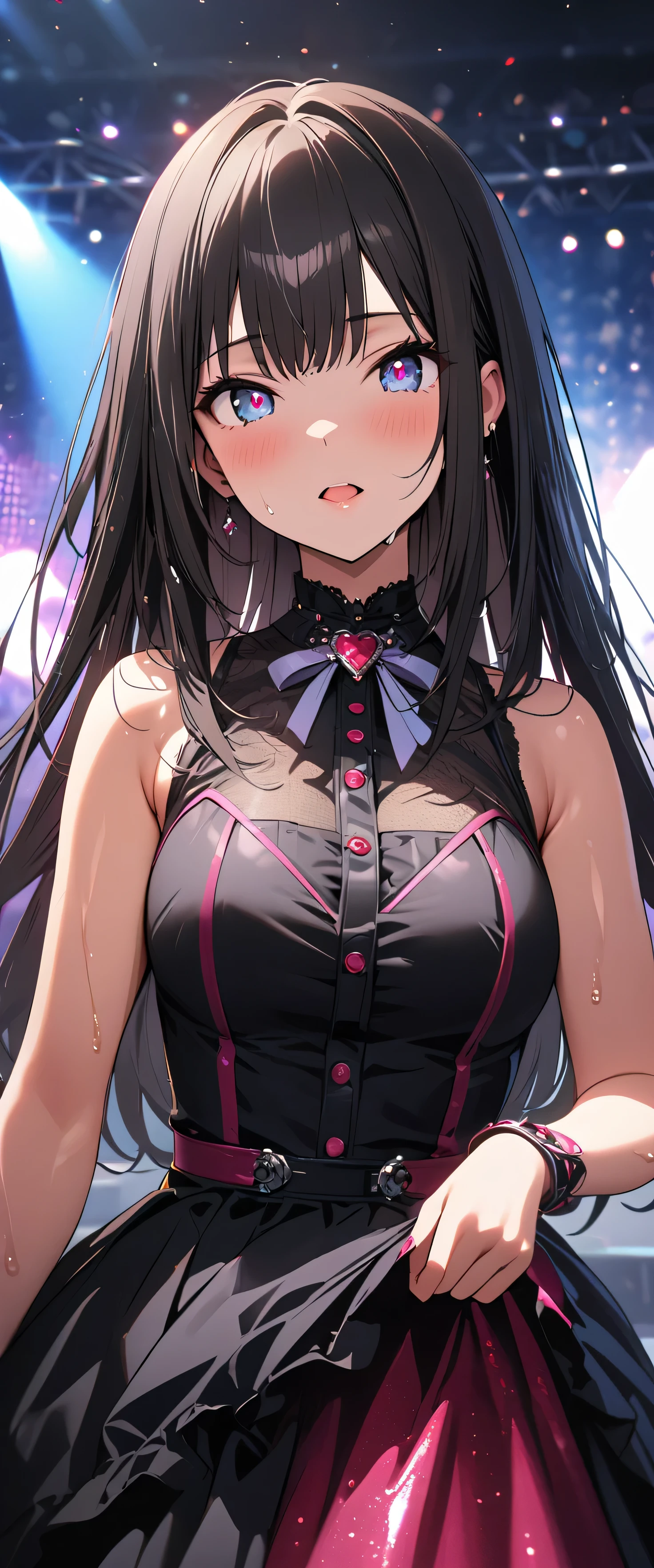 (beautiful girl: 1.3),1girl,masterpiece, Highest quality, Ultra-high resolution,rich contrast,super high quality,8k,Highly detailed CG unit wallpaper,texture,Incredibly absurd,Ultra-high resolution,RAW Photos,Depth of Field 1.2,(Black Hair,Straight Hair),Ultra-detailed eyes,Glowing Skin,wet,sweat,Glitter effect,Beautiful glossy lips,Live Performance Venues,Super large stage,(idol clothes:1.3),Open your mouth wide,Deliver your songs to the audience with all your heart,microphone,(Rear View:1.5),overlooking,(magnificent panorama view:1.3),(Gazing-into-the-Distance:1.3),