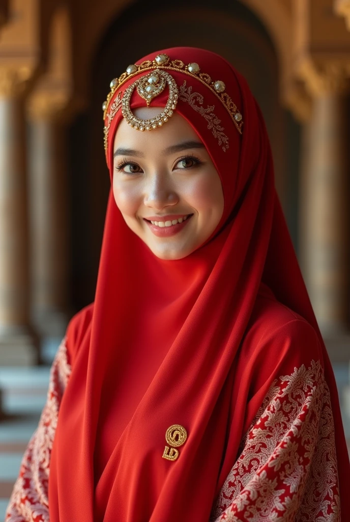 High quality masterpieces, a woman wearing a minimalist red lace hijab, a minimalist red lace wedding dress, a minimalist real gold crown, posing with a gorgeous expression, (best quality,4k,8k,highres,masterpiece:1.2),ultra-detailed,(realistic,photorealistic,photo-realistic:1.37),highly detailed face, beautiful detailed eyes, beautiful detailed lips, extremely detailed eyes and face, long eyelashes, intricate details, tight dress, large breasts, minimalist design, elegant, romantic, soft lighting, warm color tones .