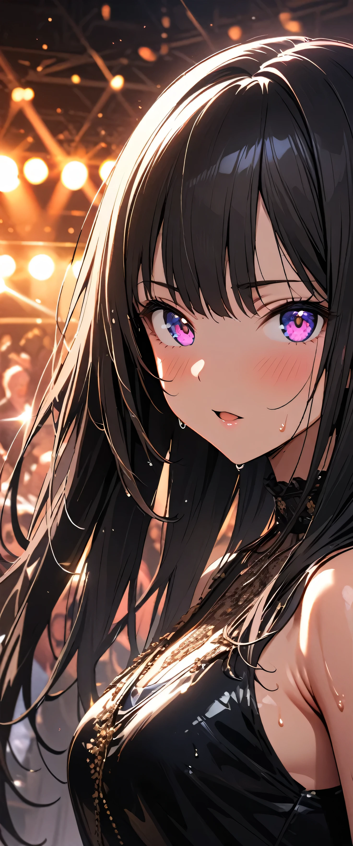 (beautiful girl: 1.3),1girl,masterpiece, Highest quality, Ultra-high resolution,rich contrast,super high quality,8k,Highly detailed CG unit wallpaper,texture,Incredibly absurd,Ultra-high resolution,RAW Photos,Depth of Field 1.2,(Black Hair,Straight Hair),Ultra-detailed eyes,Glowing Skin,wet,sweat,Glitter effect,Beautiful glossy lips,Live Performance Venues,Super large stage,(idol clothes:1.3),Open your mouth wide,Deliver your songs to the audience with all your heart,microphone,(Rear View:1.5),overlooking,(magnificent panorama view:1.3),(Gazing-into-the-Distance:1.3),
