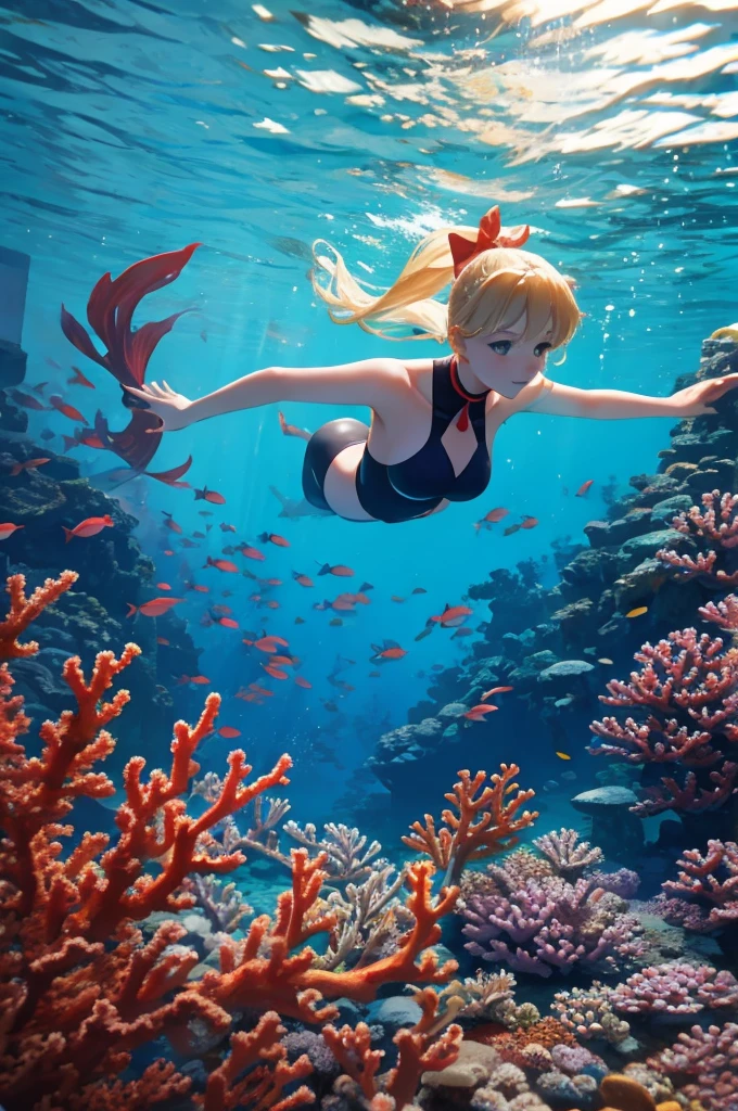 Serene underwater scene for vibrant photorealistic coral reef video background。A beautiful woman with blonde hair and a big red bow tied in a ponytail is snorkeling and swimming very far away.。Coral reefs are a kaleidoscope of colors、From deep purple to bright orange、Corals swaying gently in the current。There is natural light shining through the water in the sky。