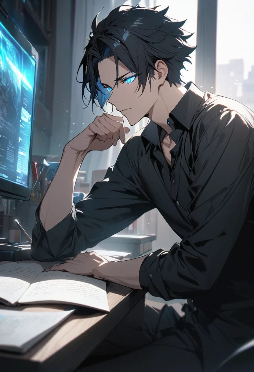 A young man with black hair, blue eyes, a black suit stood with his back turned half-face smoking a cigarette in his room at night.