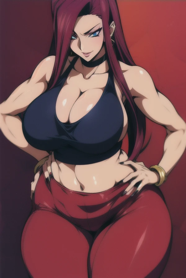 Kallen Kozuki,Big breast,Milf,((Eyeshadow)),((Proffesional make up)),red Lipstic,Stud earring,Hoopa bracelet,Lowrise thin pants,Dark red hair,((Blue eyes)),Enchanted big breast,Curvy figure,Wide hip,Thick lips,Long nail,Body facing front,Thick tights,eyeshadow,Spouty lips,Light blush,Long black nail,Hoopa bracelet,Gold rings accesories,Standing,flirty attitude,((Loose white tank top)),Cleavage,Body facing front,hand in hips,Soft expression,Relaxex eyebrow,Swaying hip,warm smile,Slick hair bang,Detailed eyes,Multistrand gold necklace,long wavy hair,