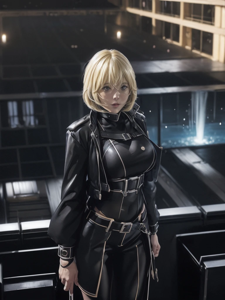 Shizuna、最high quality、high quality,, ((Masseter muscle area)), ((High resolution)), ((最high quality)), detailed, ((Glowing Skin)), ((huge 、Blonde、Short Bob))、(Shiny Black Bondage, Shiny black hot pants, White jacket), Voluptuous bust, Exposed navel, Bowl-shaped big breasts, Full body image:1.4, (View from the front、Looking at the audience:1.5)、((background:Bright room:1.4))