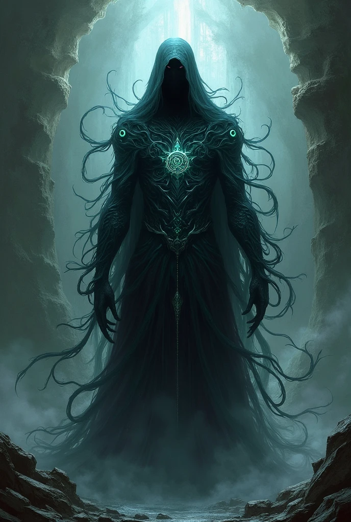 man in black ritual clothing, energy field outside the silver body, green and blue body aura, fiery aspect in the eyes, de capuz