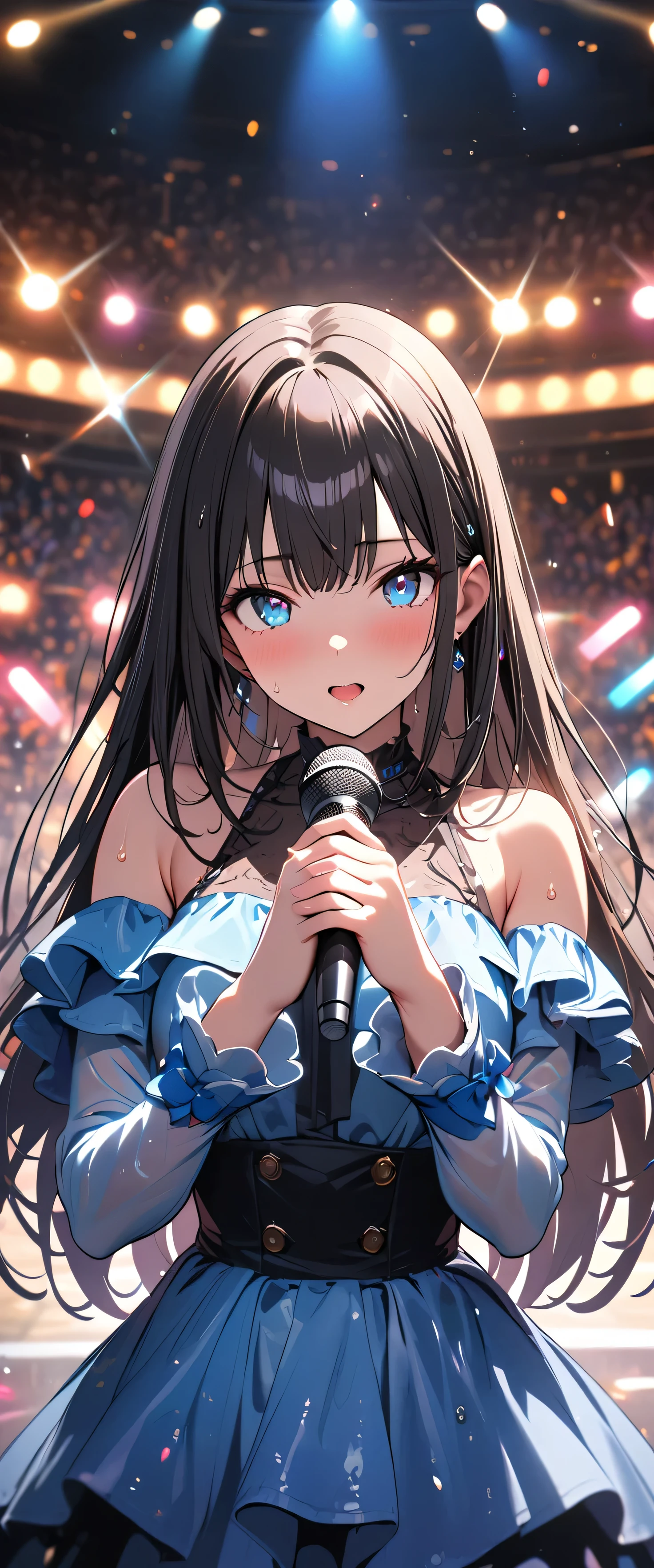 (beautiful girl: 1.3),1girl,masterpiece, Highest quality, Ultra-high resolution,rich contrast,super high quality,8k,Highly detailed CG unit wallpaper,texture,Incredibly absurd,Ultra-high resolution,RAW Photos,Depth of Field 1.2,(Black Hair,Straight Hair),Ultra-detailed eyes,Glowing Skin,wet,sweat,Glitter effect,Beautiful glossy lips,Live Performance Venues,Super large stage,(idol clothes:1.3),Open your mouth wide,Deliver your songs to the audience with all your heart,microphone,(Rear View:1.5),overlooking,(magnificent panorama view:1.3),(Blue glow stick:1.3)