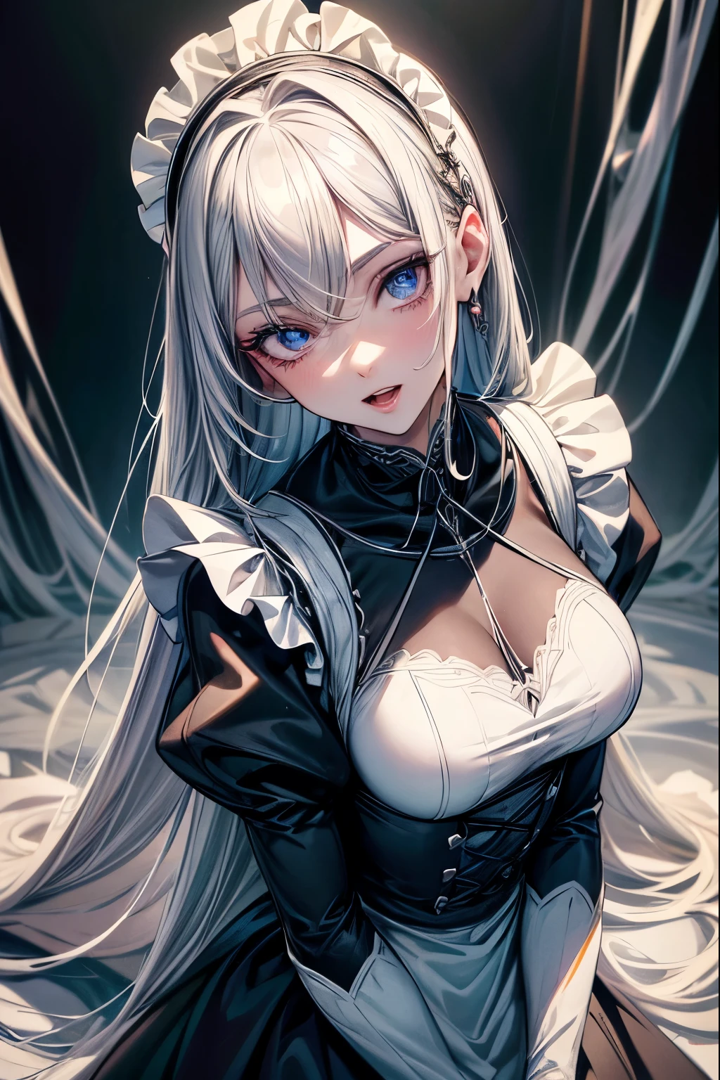 (best quality,4k,high resolution,masterpiece:1.2),detailed eyes,beautiful detailed lips,extremely detailed large eyes and face,long eyelashes,1 girl, Europian  face with evil smile, tightly fitted outfit,black long-sleeved maid costume,wearing long skirt, wearing white tights, a girl is standing  in a operating room, upper body portrait above the knees, sadistic eyes, upward gaze,open mouth with cruel feels, feels a confidence expression.