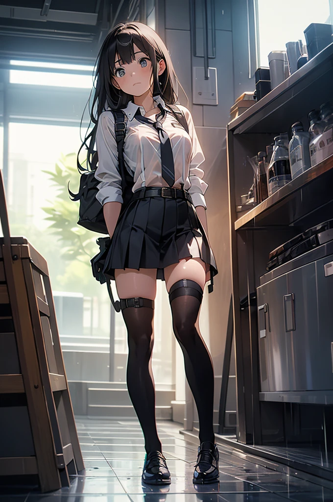 1 girl standing, solo, BREAK, (thin long legs:1.3), (short torso:1.5), (huge breasts:1.2), bursting breast, (thin waist:1.2), thigh gap, BREAK, very short skirt, BREAK, masterpiece