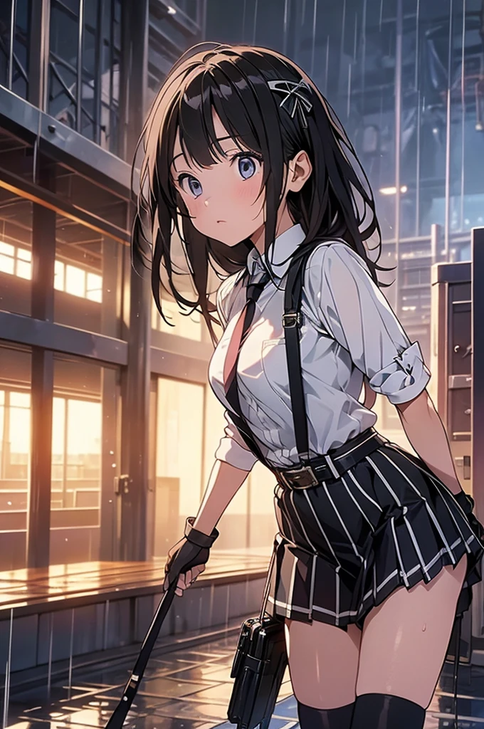 1 female, , high quality, masterpiece, Ultra-high resolution, Cinema Lighting, 1 female, , high quality, masterpiece, Ultra-high resolution, , Cinema Lighting, suspenders　　　Moderate breasts　 　 　　　　　 　　　　Small face　 　　　　　　　　　　　Looking up　　　　Sweat 　　　Thin belt　buzzer　脇Sweat 　　　　 　garter belt　　Belt on pants　　holster　 　　Hands behind your back　 　Looking up　Anxious face　Knee-high　Knee socks　Knee-highソックス 　garter　ふとももにgarter belt　Checkered mini skirt　 　　Panty shot　Skirt gap Armament　　　holster　holster 　　Hands behind your back　 Anxious expression　　Anxious face, legs apart　Armament　　Leg Holster　holster　See-through clothing　heavy rain　Rain-soaked dress shirt,Moderate breasts　ガーターbelt　suspenders　Garter on the thigh　Checkered mini skirt　Looking up　Pause　belt　Armpit sweat　Hands behind back　Raise your hands