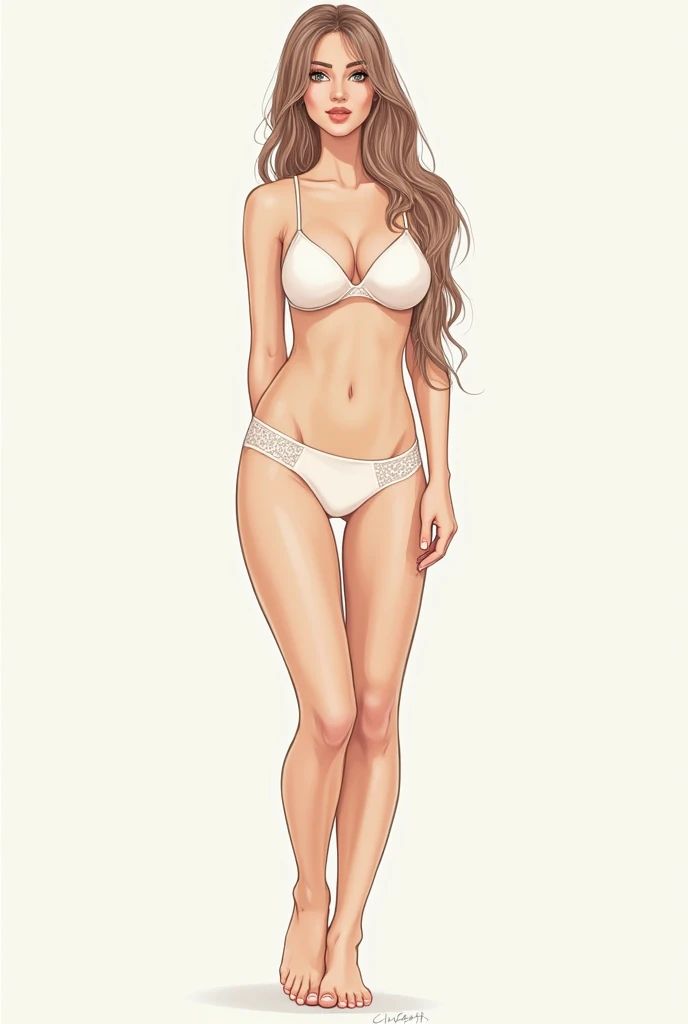 create a frontal image, full body character sheet, behance hd, detailed full body concept, concept art of the character, white background, full body, realistic drawing, standing, 1 lovely doll girl, slightly smiling girl, similar to a Blythe doll, very short dark brown hair, wearing blue bandeau bikini bra and barefoot, grey-blue cheerful big eyes with very long and curl lashes, a small cute nose, and a slender figure, chibi, standing front side straight figure pose, full body, looking at the camera, straight pose, extremely beautiful, sketches of the character around her, beautiful shape and aesthetics of the face and body