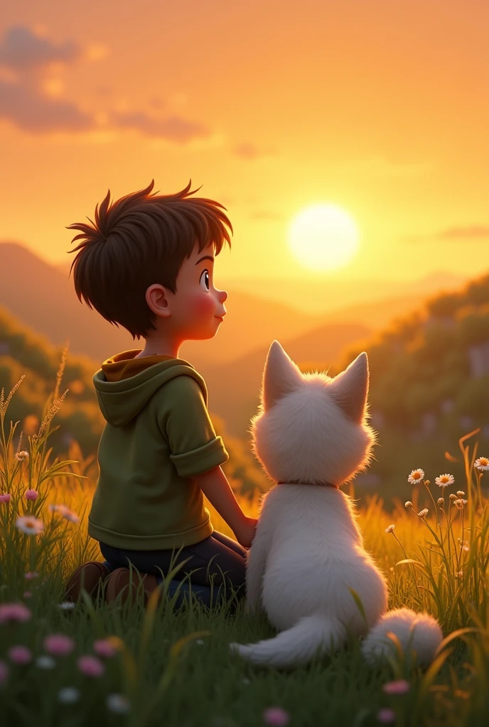 Open the sky and below there is a boy who is sad and a cat is sitting next to him