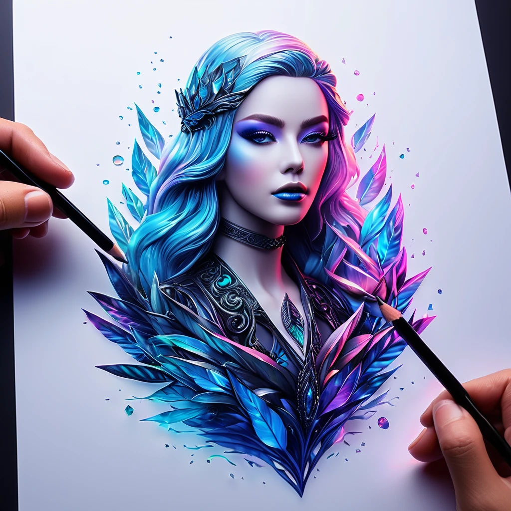 Draw stunning and breathtaking UHD ink style 4D figures, Holographic effect that makes it look like it's jumping out of the drawing paper, Highly detailed drawing, Surreal, Great details. Truly an amazing piece, Fun and sensual work, Gorgeous subtle colors 