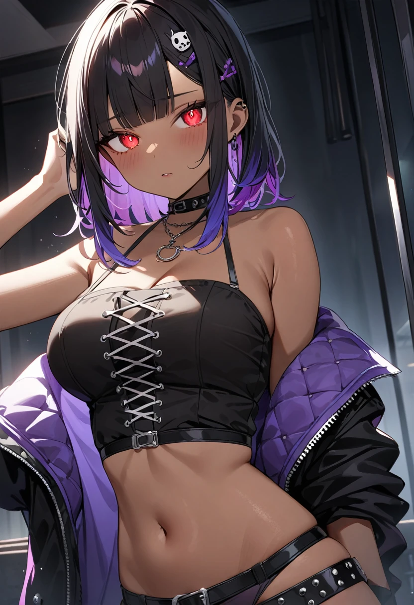 A mischievous young girl with a penchant for pranks. She lies on a bed, surrounded by a vibrant and colorful background that adds an element of whimsy to the scene. The artwork, created by the talented artist Lu Dongjun, features a cyberpunk anime girl cosplay in the unique Guwiz style. Collaborating with the renowned Sakimican Frank Franzeta, the creative conception of the image is nothing short of a masterpiece. The anime girl, donning a hooded shirt, captures the essence of a rogue from the X-Men universe. Her goth makeup enhances her rebellious persona, with dark and bold accents highlighting her short hair and bangs. She wears a choker and is dressed in a fashionable black tank top and