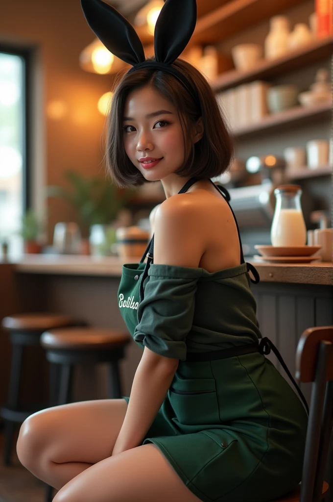 ((Benevolent voluptuous ((Laotian)) 18 yo barista)) sitting at wooden table while intently reading book, (wearing tight baristas uniform), wearing floral headpiece, tattoos on arms and legs, wearing smartwatch, high quality photo, sitting in the middle of the quiet (goth themed cafe with copious potted cannabis sativa plants) during golden hour, French press coffee on table