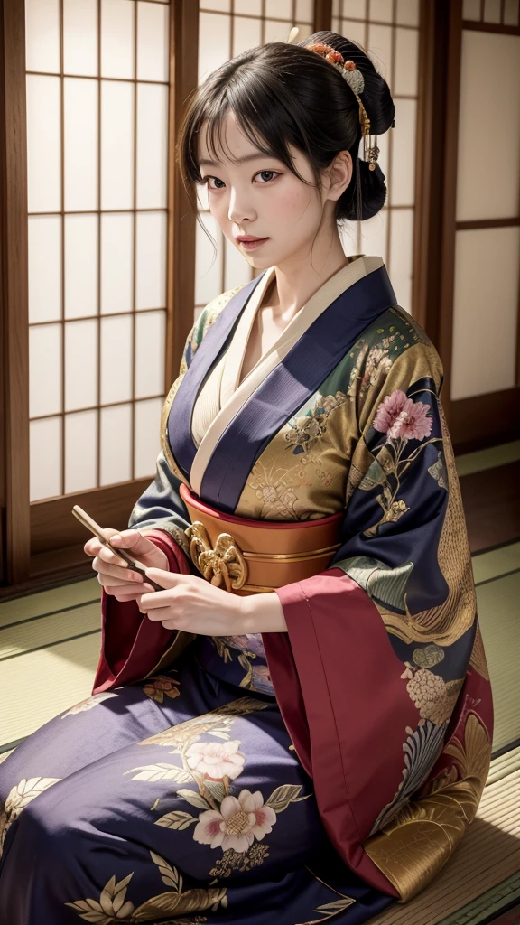 ((top-quality、masterpiece:1.3))、sharp:1.2、Perfect Body Beauty:1.4、((Layered hairstyle))、(Kimono:1.1)、(shrines:1.2)、Highly detailed facial and skin texture、Detailed eye、二重まぶた、((short-length hair))、boyish、Cool、((unisex))、big eye、bangss、((One Woman))、Black eyes、tying hair、hair adornments、
