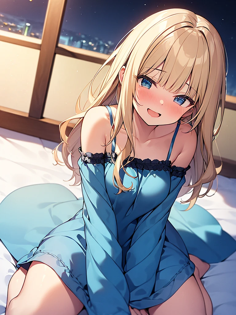 8k、best quality、masterpiece、Very detailed、Ultra-high resolution、((5-people))、5 girls、Blonde、Double tail、Medium chest、(((on the bed)))、blush、wearing camisole、Bare shoulders