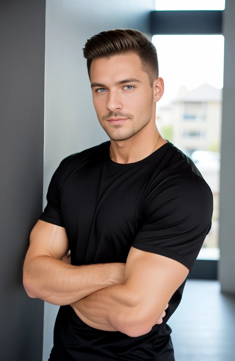 1man muscular male wear a fitted black t-shirt, tennis and shorts, 30 years old，small beard, Sexy and charming expression，gloomy eyes，Blue eyes, soft natural lighting, professional, formal atmosphere, front view, sharp focus, well-balanced exposure. front portrait