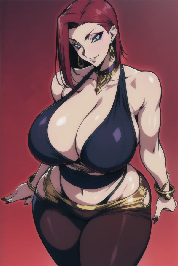 Kallen Kozuki,Big breast,Milf,((Eyeshadow)),((Proffesional make up)),red Lipstic,Stud earring,Hoopa bracelet,Lowrise thin pants,Dark red hair,((Blue eyes)),Enchanted big breast,Curvy figure,Wide hip,Thick lips,Long nail,Body facing front,Thick tights,eyeshadow,Spouty lips,Light blush,Long black nail,Hoopa bracelet,Gold rings accesories,Standing,flirty attitude,((Loose white tank top)),Cleavage,Body facing front,hand in hips,Soft expression,Relaxex eyebrow,Swaying hip,warm smile,Detailed eyes,Multistrand gold necklace,Short sliced bob hair,blunt front hair