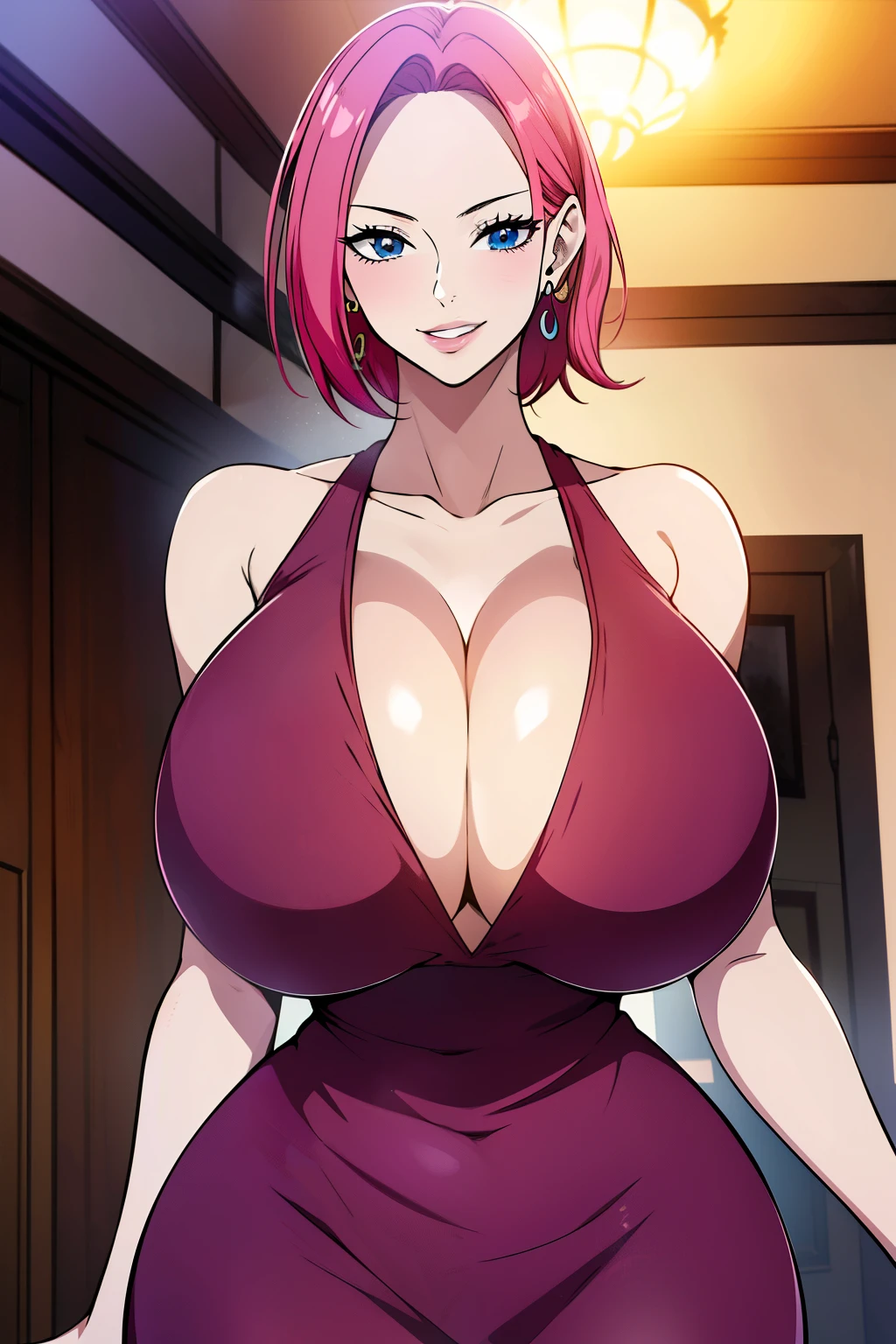 An anime-style artwork depicting reiju from the anime one piece

Tags: reiju, ReijuV2, anime, detailed eyes, detailed lips, (halterneck dress:1.1), bare shoulders, (bangs, (pink hair:1.1), short_hair, blue_eyes, breasts, jewelry, , bob_cut, earrings, smile, cleavage, parted_lips, , smiling expression, intense gaze, dynamic pose, indoor, palace, vibrant colors, digital art, high-resolution, professional quality, gigantic breasts, cleavage,  curvy, cowboy shot, (gigantic breasts: 1.4),