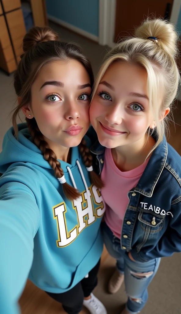 Two 18 year old girls, Pink birthday party background!!!, kissing each other, wearing tiny skirts, one of the girls has blonde hair, the other girl has blue hair. Selfie. Big breasts, wearing a bra. Kissing. Two girls only 