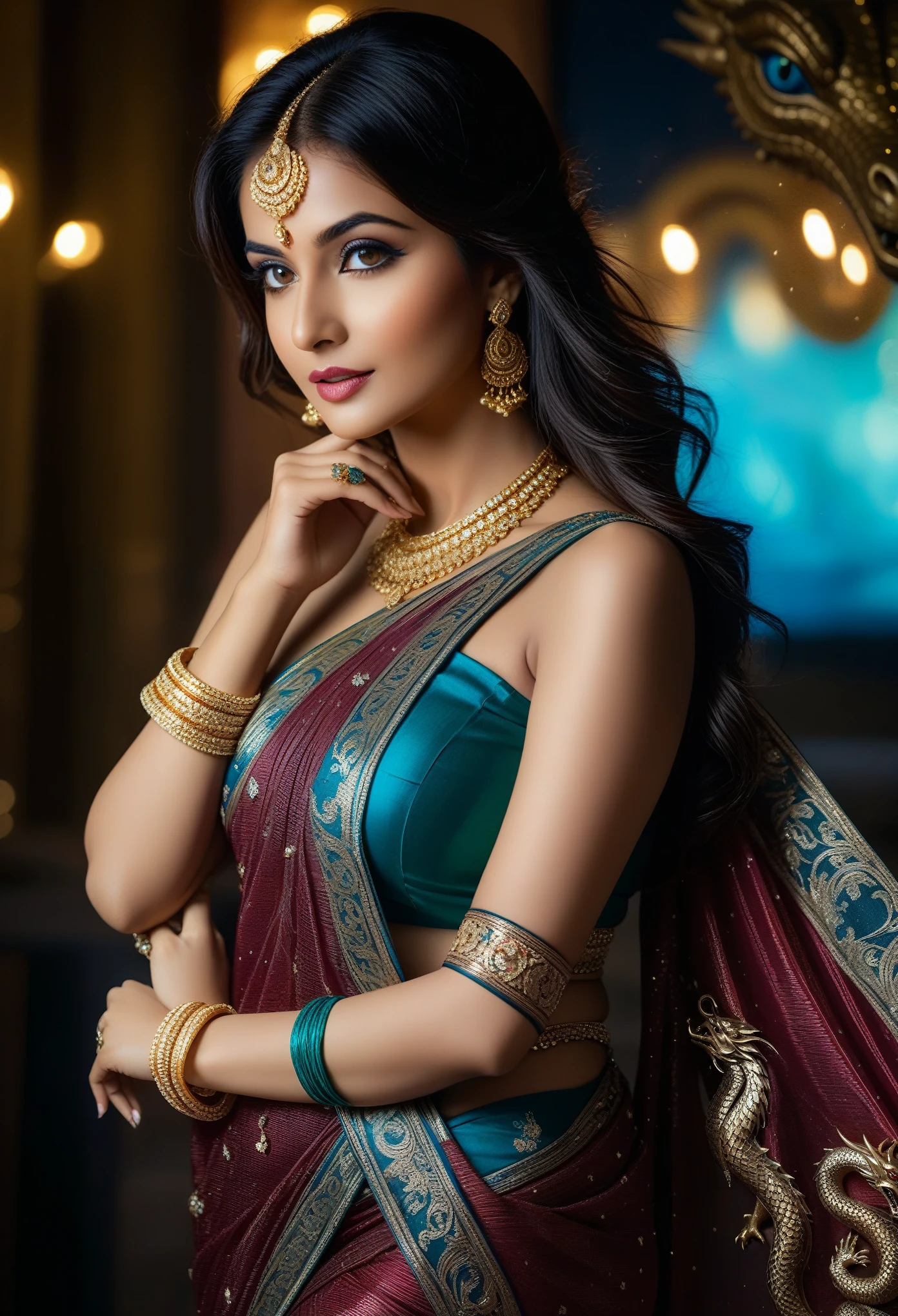 Stunning photo of a stunning, attractive, very beautiful, gorgeous, very sexy lady in a Kamasutra shiney diamond colour saree and with jewellery, with dragons, realistic, ultra HD 4k quality picture, sexy picture, don't make nude picture