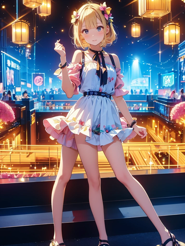 image quality:Highest Quality
Camera Focus: Blur the background
light:sidelight
person:20-year-old female,Gal model 、
Bright light、
Hairstyle: Short Bob、With bangs
dress:Gal、Hysterical glamour expression: The best smile、
Thin and delicate、Small bust、From head to toe、
Slim and beautiful legs、Thin thighs、pantyhose、pumps、
flowerpunk、Sparkling light particles、
Vivid gradient effect
