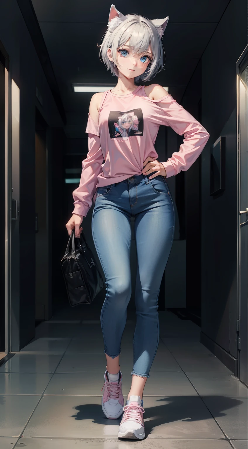 (masterpiece), (best quality), (High quality), high resolution, perfect anatomy BREAK expressive eyes, perfect face, 1girl, grey cat ears: 1.5, medium hair, grey hair, pixie cut, BREAK, (big eyes, perfect eyes), ((blue eyes:1.2)), (glowing eyes:1.2), thick eyelashes, thin eyebrow, BREAK short height, slim bulid, happy, smile, medium breasts, BREAK (pink shirt), sleeveless, low-rise jeans, sneakers BREAK (standing with one leg up), hands in pockets BREAK school corridor BREAK full body BREAK water droplets, blooming light