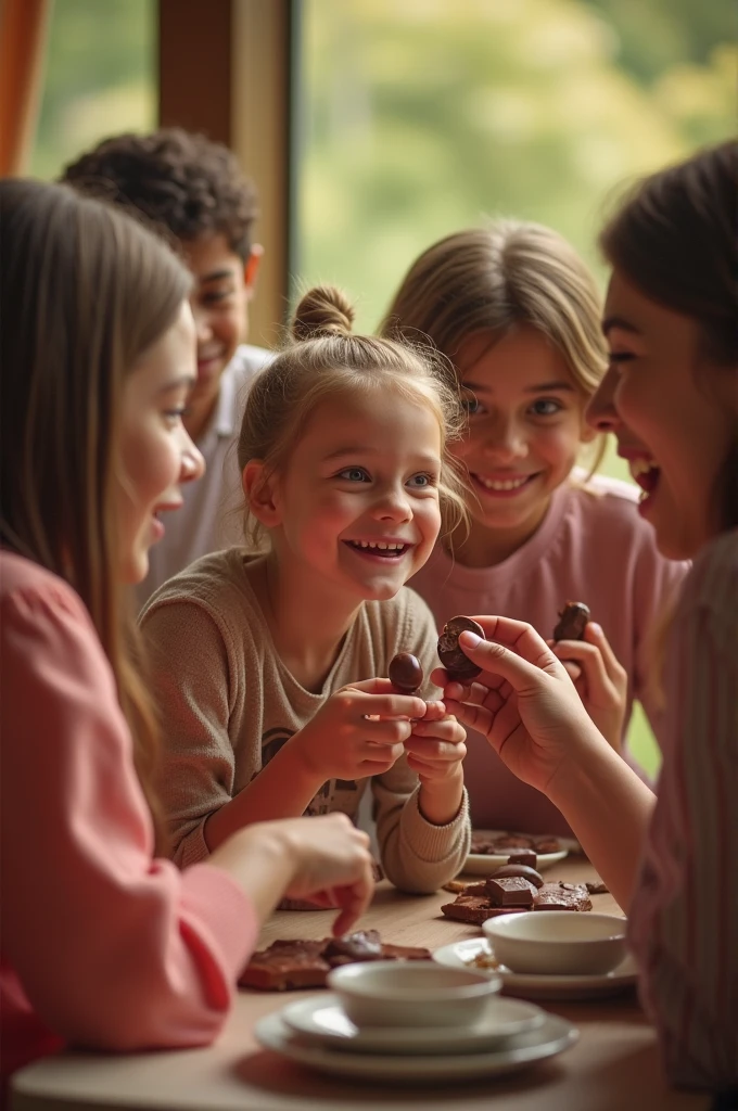 A gourmet and inviting brigadeiro setting with a close-up of two chocolate brigadeiros placed on a rustic wooden table. No fundo, softly focused silhouettes of children looking at the warm brigadeiros, creating a sense of connection and community. Soft sunlight coming through a window, casting a warm glow, symbolizing the warmth of open and honest communication." This image conveys a sense of camaraderie and the importance of meaningful dialogue., perfect for a video about divine communication skills. INFO