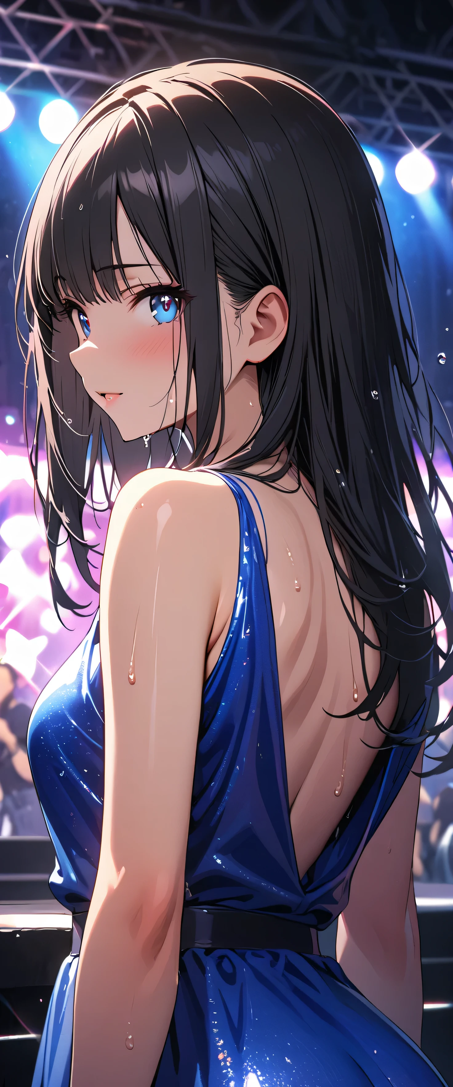 (beautiful girl: 1.3),1girl,masterpiece, Highest quality, Ultra-high resolution,rich contrast,super high quality,8k,Highly detailed CG unit wallpaper,texture,Incredibly absurd,Ultra-high resolution,RAW Photos,Depth of Field 1.2,(Black Hair,Straight Hair),Ultra-detailed eyes,Glowing Skin,wet,sweat,Glitter effect,Beautiful glossy lips,Live Performance Venues,Super large stage,(Blue Dress:1.3),Super smile,Raise your hand and point the microphone to the audience,(Rear View:1.5),(Ass close up:1.3),(Gazing-into-the-Distance:1.3)