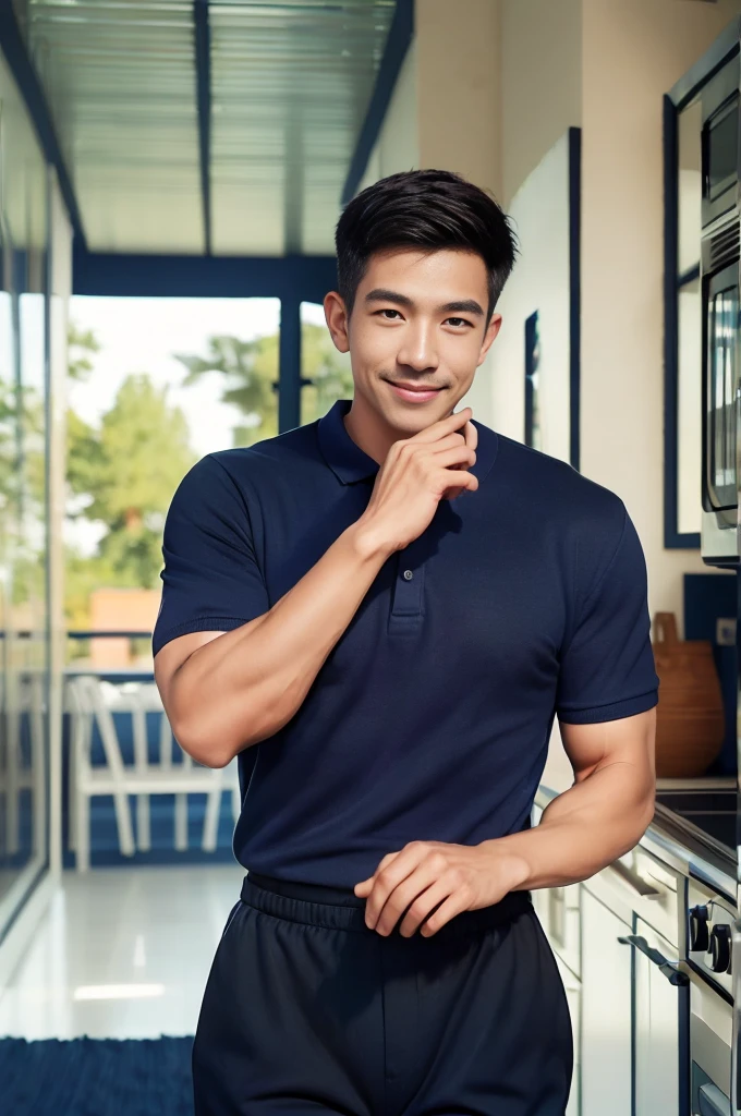 (armface:1.3) , Handsome young man standing and smiling, (have a mustache:0.8) , (Short hair:1.2), (Polo shirt:0.8), (Navy blue shirt:1.3),Black pants, Big muscles, Handsome and muscular, full body angle,(Blurred background:1.5),(Kitchen balcony:1.1),,(Blurred background:1.5)