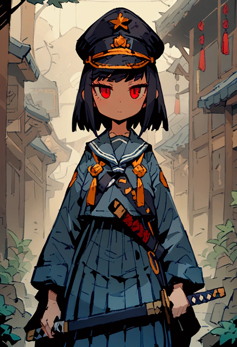 超detailed、Best Quality、masterpiece、cartoon style、girl、solo、Black Hair、Wearing a military cap、Black Cape、detailed、Best Quality、masterpiece、Sailor suit、Holding a Japanese sword,katana、Red eyes、jitome、Expressionless