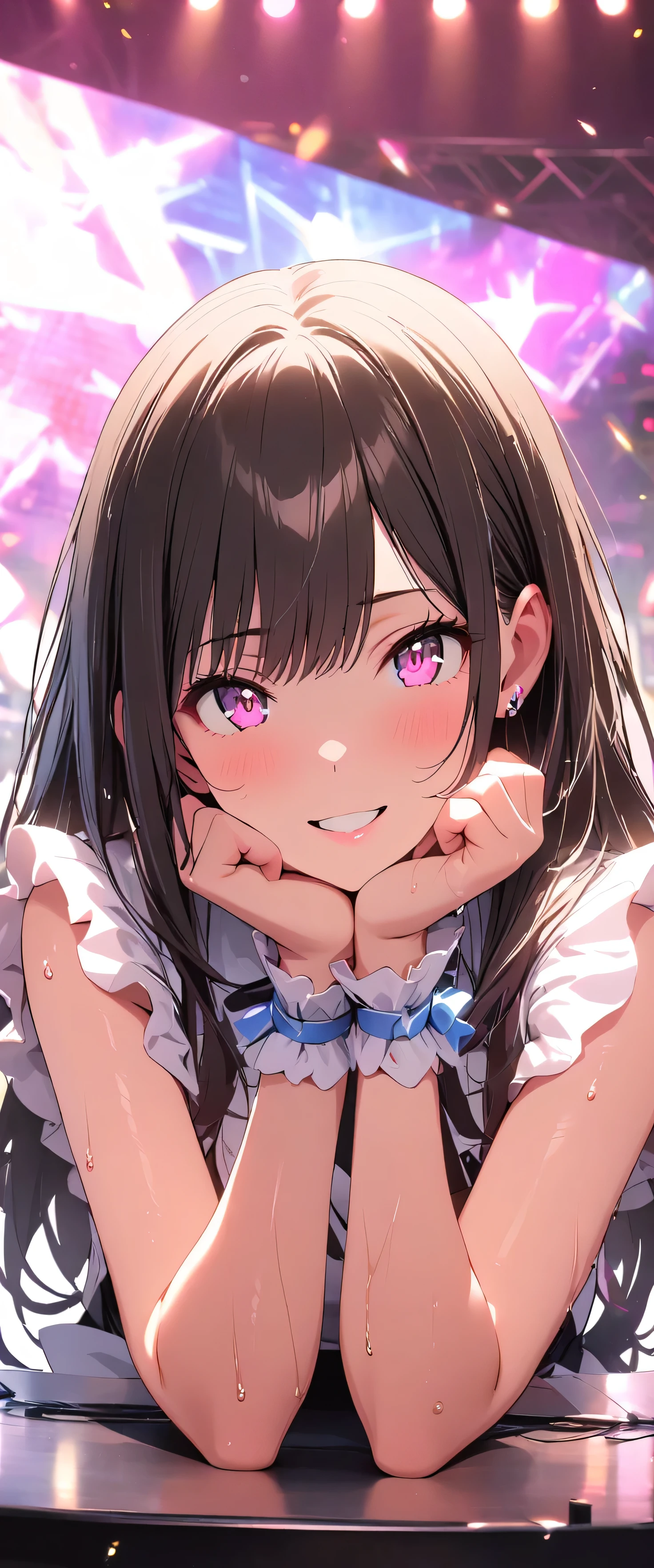 (beautiful girl: 1.3),1girl,masterpiece, Highest quality, Ultra-high resolution,rich contrast,super high quality,8k,Highly detailed CG unit wallpaper,texture,Incredibly absurd,Ultra-high resolution,RAW Photos,Depth of Field 1.2,(Black Hair,Straight Hair),Ultra-detailed eyes,Glowing Skin,wet,sweat,Glitter effect,Beautiful glossy lips,Live Performance Venues,Super large stage,(idol clothes:1.3),Close your mouth,Super smile,Giant monitor,Shout out loud,(((head rest)))