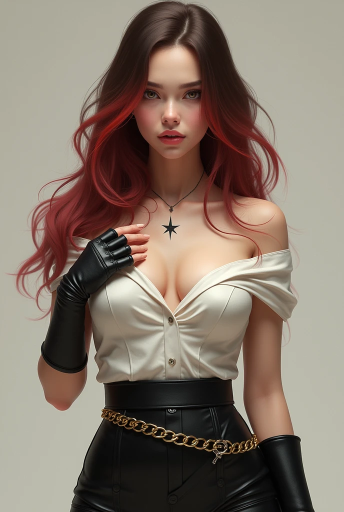 (cowboy shot), a beautiful young woman with long red hair, lora_Emma, ((black high waist leather pants)), ((formal white top with cleavage)), wide decorative waist belt, ((white fur coat)), reflective silk scarf, (red shaded sunglasses), (best quality,4k,8k,highres,masterpiece:1.2),ultra-detailed,(realistic,photorealistic,photo-realistic:1.37),detailed face, detailed eyes, detailed lips, long eyelashes, beauty, fashion, portrait, glamorous, elegant, studio lighting, dramatic lighting, high contrast, vivid colors, cinematic, ((coat on shoulders))