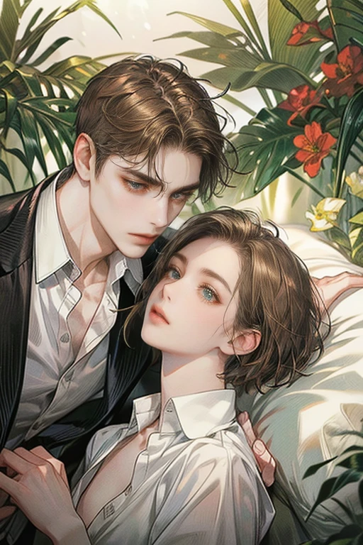 (Masterpiece), (Best Quality), Very detailed, (( couple pale guy )), Perfect Face, Beautiful Face, Very detail, (short brown-haired man with brown eyes),  (short dark-haired man with emerald eyes)、white shirt, white rabbit, stunning, blood stained, sad Expression, open shirt, cold shadow, not facing each other 