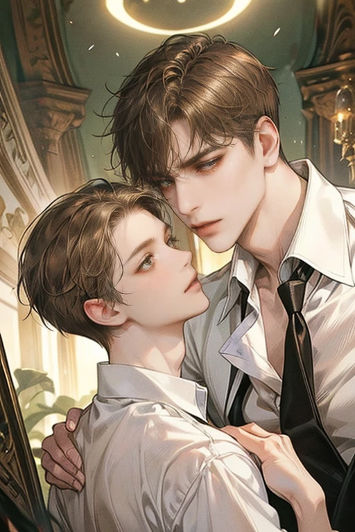 (Masterpiece), (Best Quality), Very detailed, (( couple pale guy )), Perfect Face, Beautiful Face, Very detail, (short brown-haired man with brown eyes),  (short dark-haired man with emerald eyes)、white shirt, white rabbit, stunning, blood stained, sad Expression, open shirt, cold shadow, not facing each other 