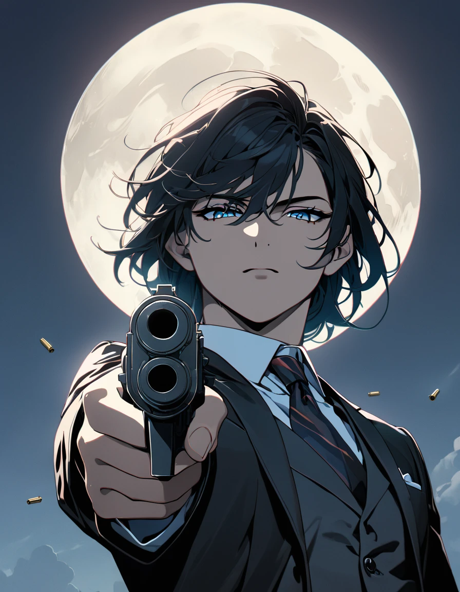 ((masterpiece)、(absurdres)、(ultra detailed)、(8k),SFW,Anatomically correct,anime:1.1,the glass that is broken and misaligned by the bullet that came out of the gun,male、Alone,suit、Handgun、serious,looking viewer,close-up,full moon,from below,half-closed eyes,